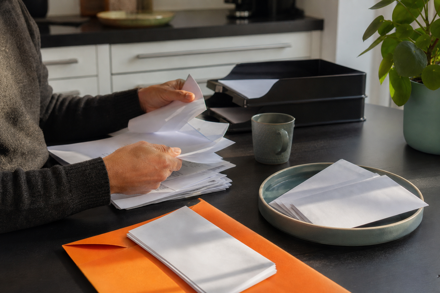 Zelfstandige sorteert papieren en blanco enveloppen bij een ronde schaal en een oranje map