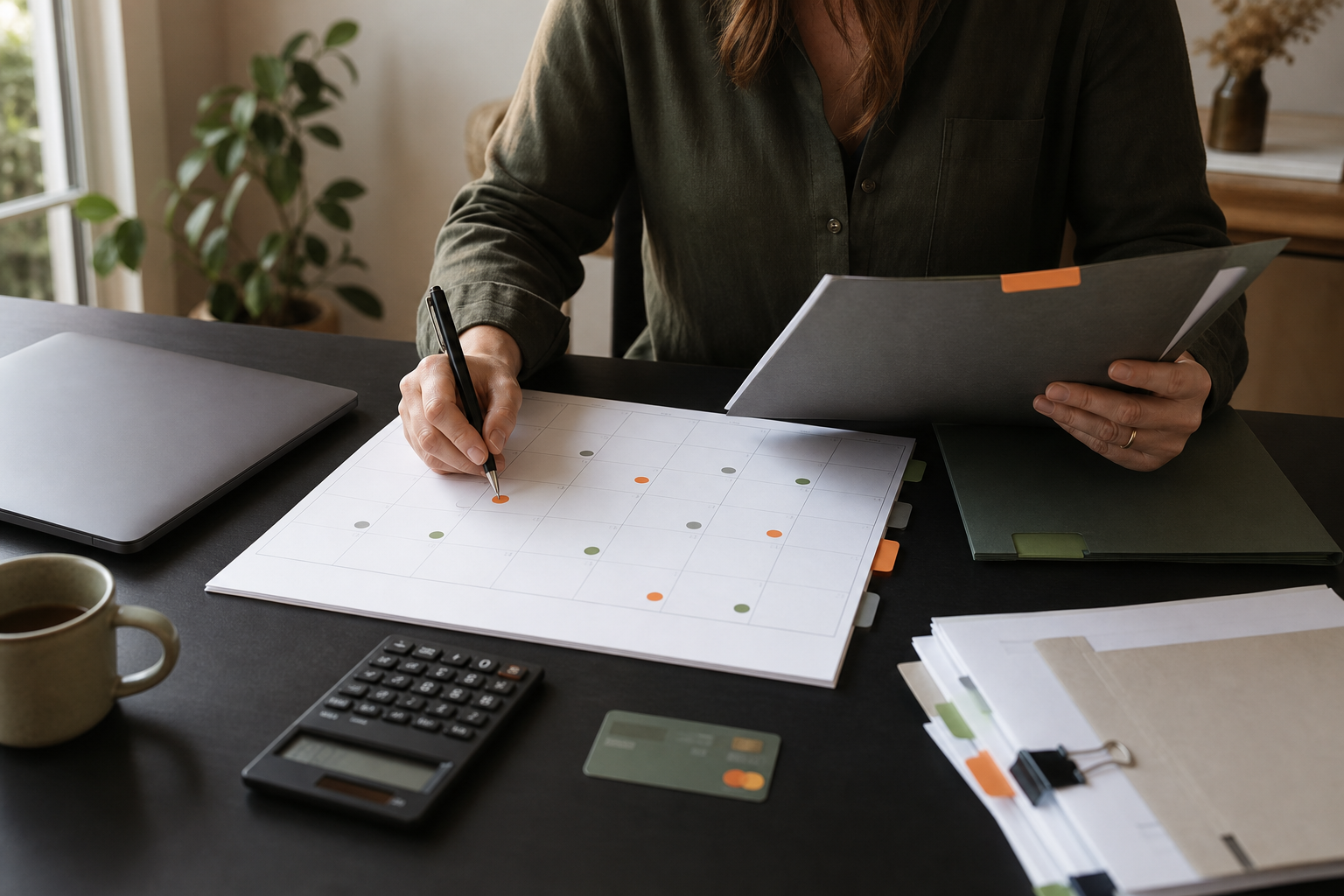 Ondernemer markeert contractdata op een kalender naast een laptop en zakelijke betaalpas
